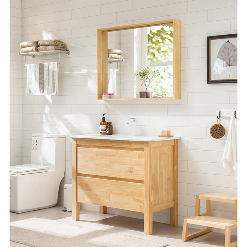 Meuble-lavabo en bois d'hévéa de style japonais avec lavabo en céramique