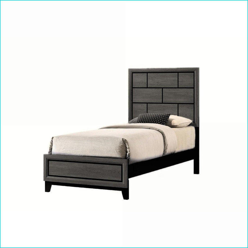 Structure de lit simple en bois à profil bas avec tête de lit géométrique - Finition grise pour chambre d'enfant, Brun / Gris