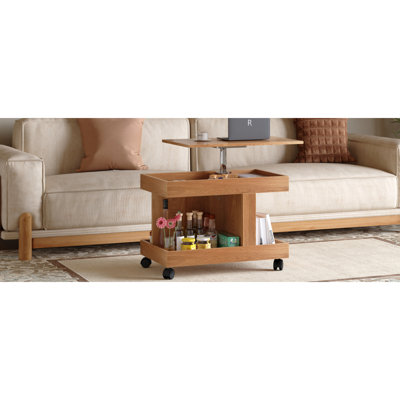 Petite table basse avec roulettes, table d'appoint multifonctionnelle rotative à 360 °, table de bout roulante avec compartiment de rangement, table de chevet mobile pour le salon, la maison et le mobilier de maison, naturel