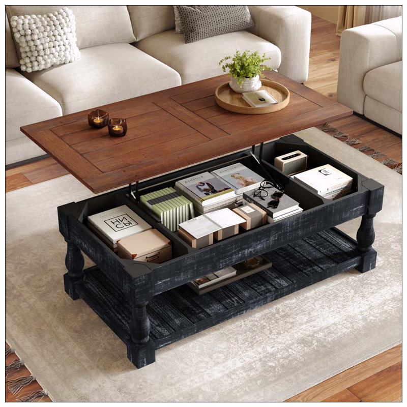 Table basse à plateau relevable avec rangement pour le salon, le compartiment caché et la tablette inférieure