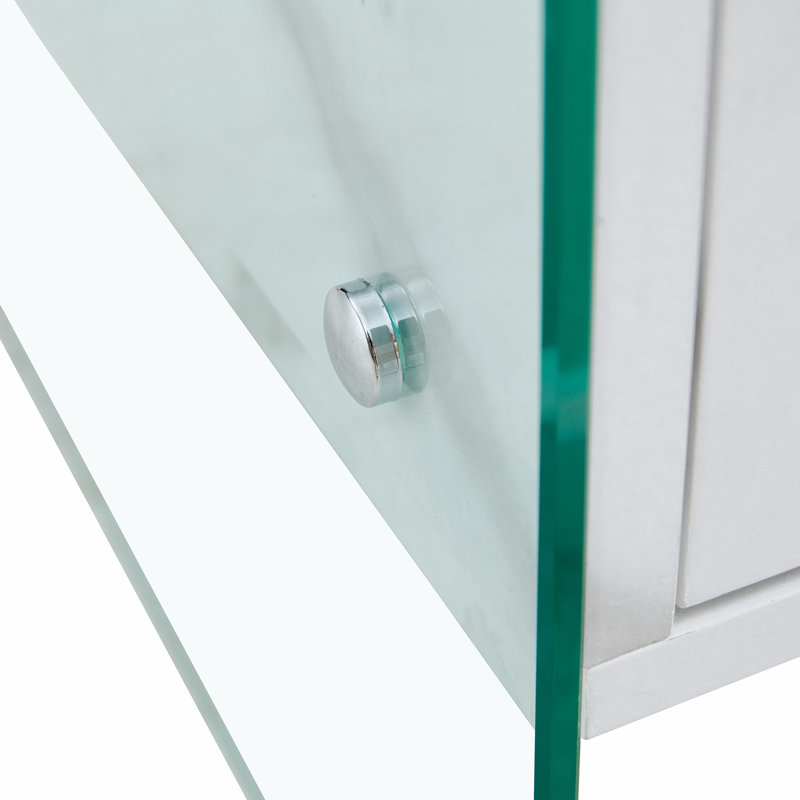 Table de chevet à double tiroir. La surface du panneau est un autocollant en panneau de fibres à densité moyenne et les deux côtés sont en verre trempé transparent. La conception est simple et élégante, avec d'excellentes fonctions de rangement.