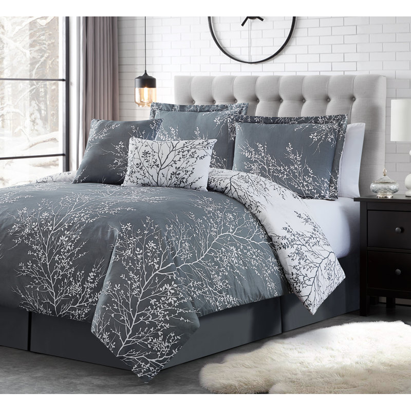 Foliage Reversible Comforter Set, Gray/White, King Comforter Set + 5 Additional Pieces