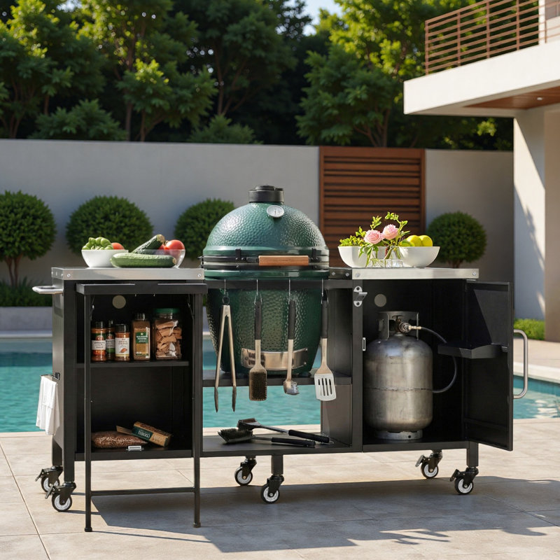 Large Grill Table Outdoor Kitchen Island With Stainless Steel Top, Fold-out Prep Table, Adjustable Shelves And Spice Rack