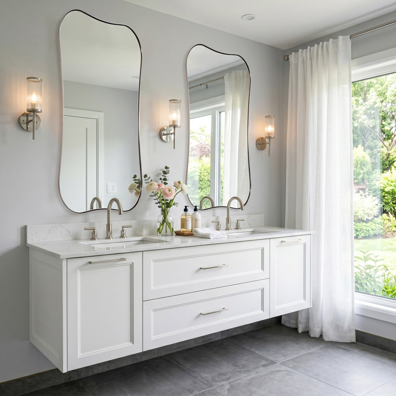 Contemporary Dual Concave Edge Scalloped Rectangle Bathroom Vanity Mirror | Stainless Steel Frame, Brushed Nickel, 48" x 24"