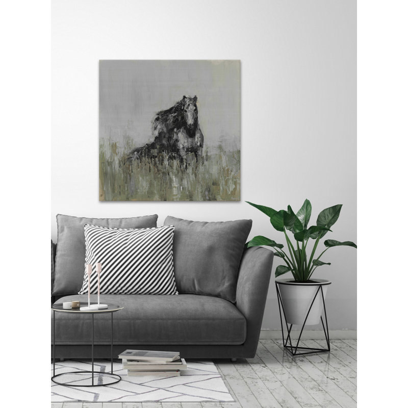 «Dark Horse at the Meadow» par Parvez Taj, reproduction d'art sur toile tendue, H 40 po x l 40 po x P 1,5 po