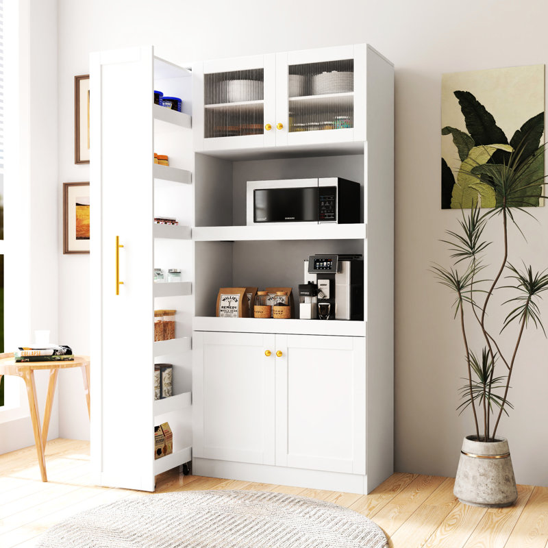 Armoire de rangement blanche avec 4 portes et une tablette coulissante multifonctionnelle pour un rangement organisé à 4 portes