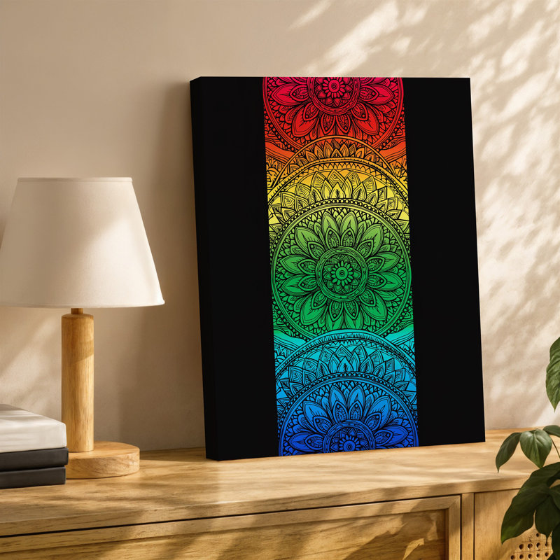 La toile crée un motif de mandala complexe et vibrant qui se transforme à travers un art mural, H 40 po x l 30 po