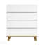 Commode de rangement moderne sans poignée à 4 tiroirs avec pieds en bois naturel massif, finition blanche