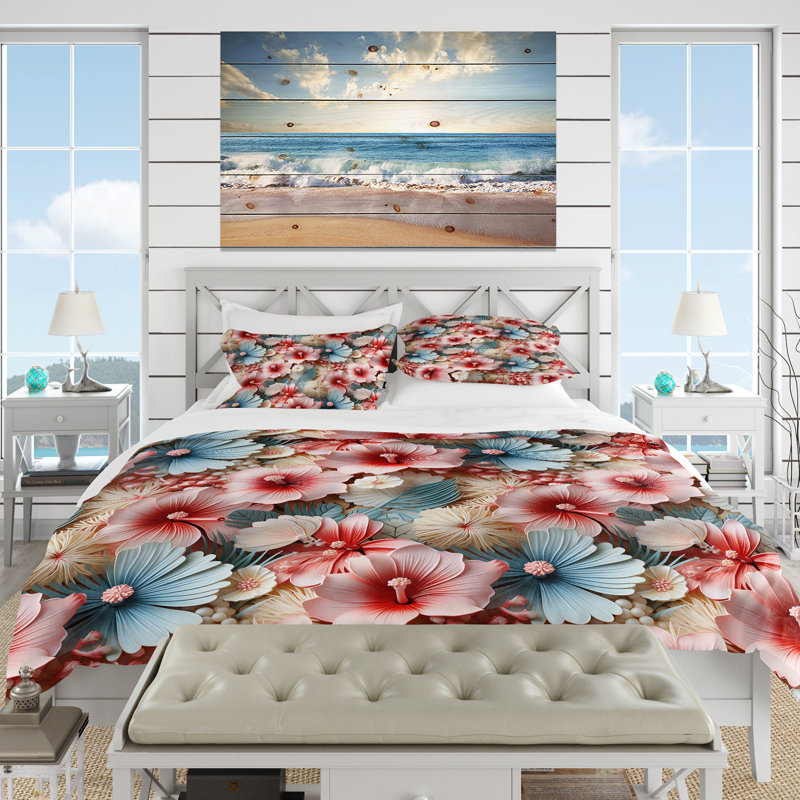 Literie à motif tropical Seashell Mirage, Housse de couette pour très grand lit et 2 très