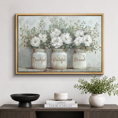 Bottled Plant Thankful Grateful Blessed Inspirational Green Floral Rustic Mason Jar Large Canvas Print Wall Art
