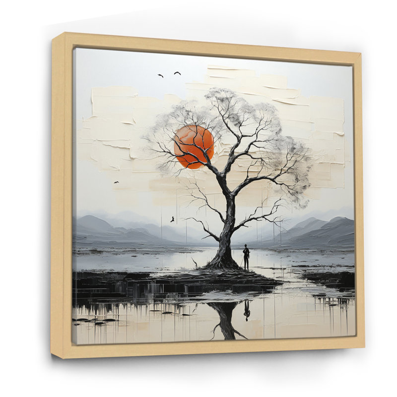 «Grey Red Minimalisme Tree Solitude III», reproduction sur toile, H 30 po x l 30 po x P 1 po, Cadre naturel flottant