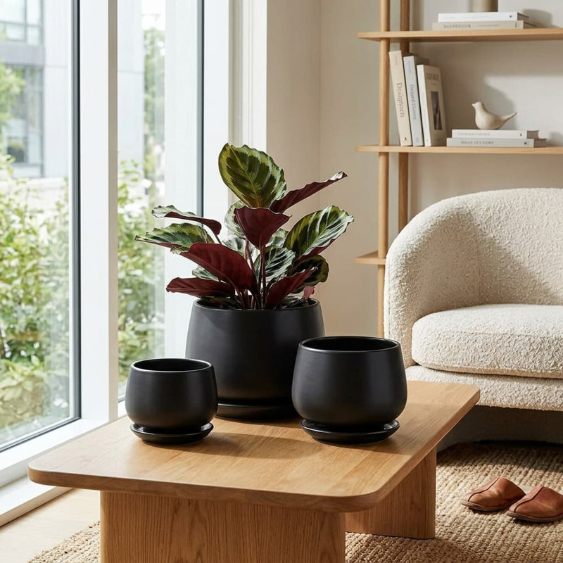 Set of 3 Ceramic Plant Pots, Reactive Glaze Planters with Drainage Hole & Saucer, Black