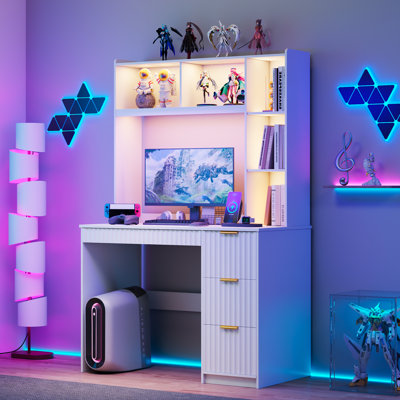 4-Drawer Computer Desk with Bookshelves and Led Lighting, Home Office Desk with Charging Station