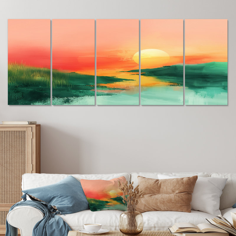 Vert, rouge, magique, coucher de soleil, dunes II - ensemble d'art mural désert, H 32 po x l 80 po