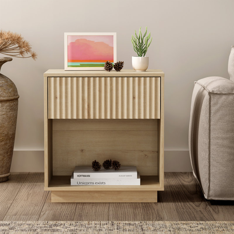 Wooden Nightstand With 1 Drawer & Open Cubby - Compact Bedside Storage, Individual, Light Oak