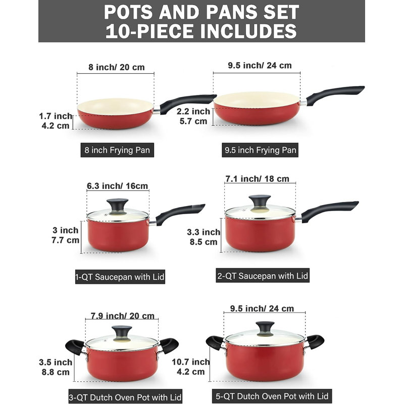 Batterie de cuisine antiadhésive en aluminium 10 pièces Cook N Home, Rouge