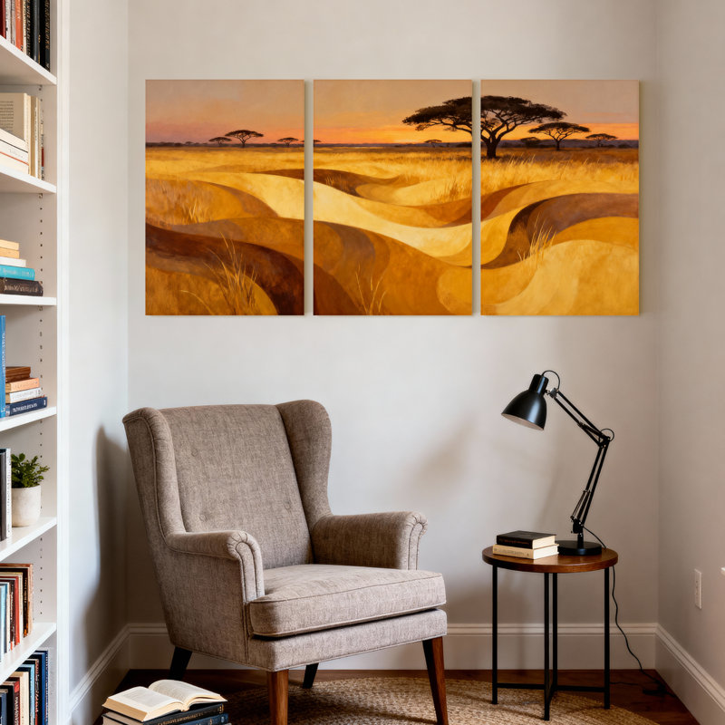 «Scenic & Cityscapes Golden Sunset Savanna Landscape», ensemble de 3 reproductions d'art sur toile