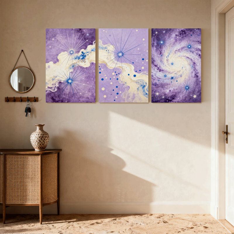 Abstrait, galaxie mauve, étoiles, nébuleuse, nuages cosmiques, ensemble de 3 impressions sur toile, H 18 po x l 36 po