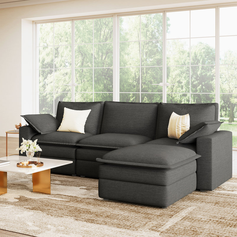 L Shaped Sectional Sofa, Cloud Couch With Ottoman, Modular Sectional For Living Room, Dark Gray, Dark Gray Polyester