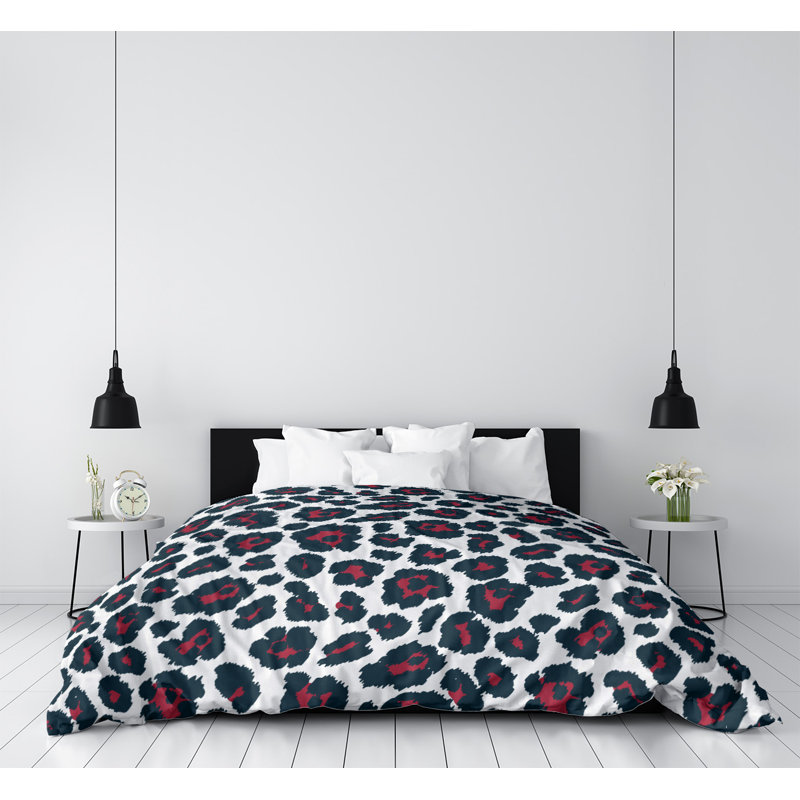 Housse de couette à imprimé léopard Throwback, Housse de couette pour très grand lit, Polyester brossé, Blanc/noir/rouge