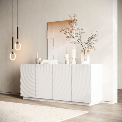 Buffet blanc moderne, 59 po de largeur, 4 portes, bois de pin, eau 3D, rangement convertible, pour la salle à manger