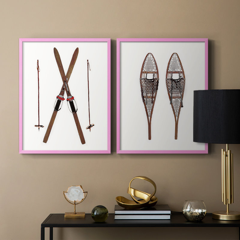 Skis rétro - reproduction encadrée de qualité supérieure - prêt à être accroché - aucun clou requis - aucun clou requis, Rose