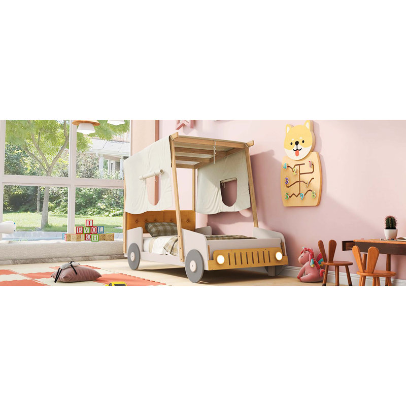 Lit voiture simple en bois avec oreiller et toile de plafond, naturel, Lit simple