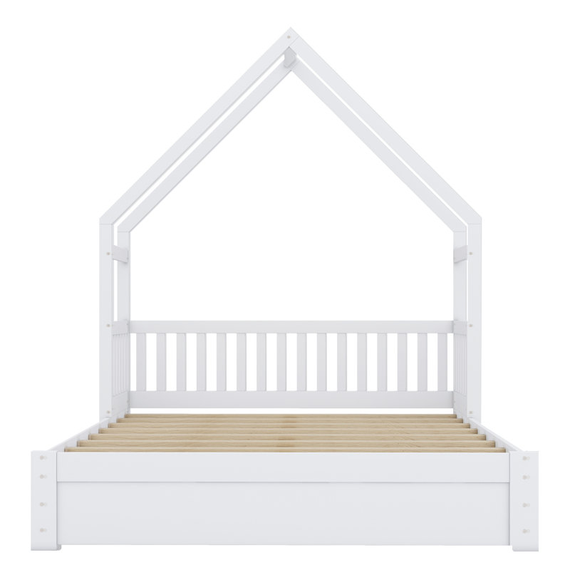 Lit plateforme House avec garde-corps et 2 tiroirs, Blanc