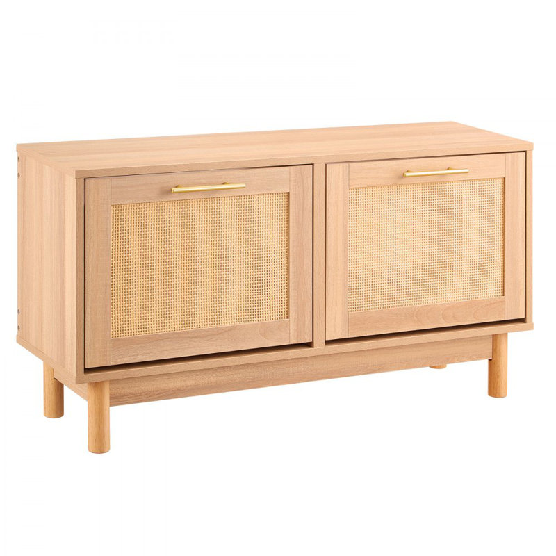 Entryway Shoe Bench, 39.4 x 11.8 x 20.9 Inch Rattan-Like Shoes Bench with 2 Flip Drawers, 300lbs Shoe Storage Rack with 4 Compartments and 2 Rattan Doors, for Hallway, Living Room, Bedroom