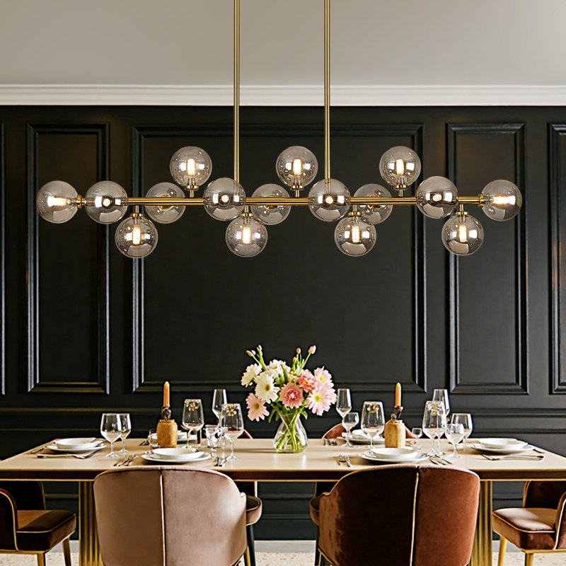 Lustre linéaire moderne en verre bullé à 16 lumières à intensité variable Spoutnik, 83.5" H x 56" W x 13" D, 16