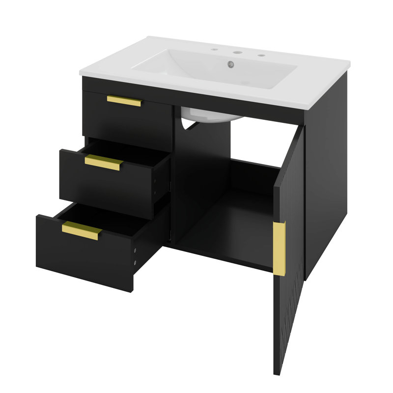 Armoire de salle de bain murale 30 "avec lavabo en céramique, Noir