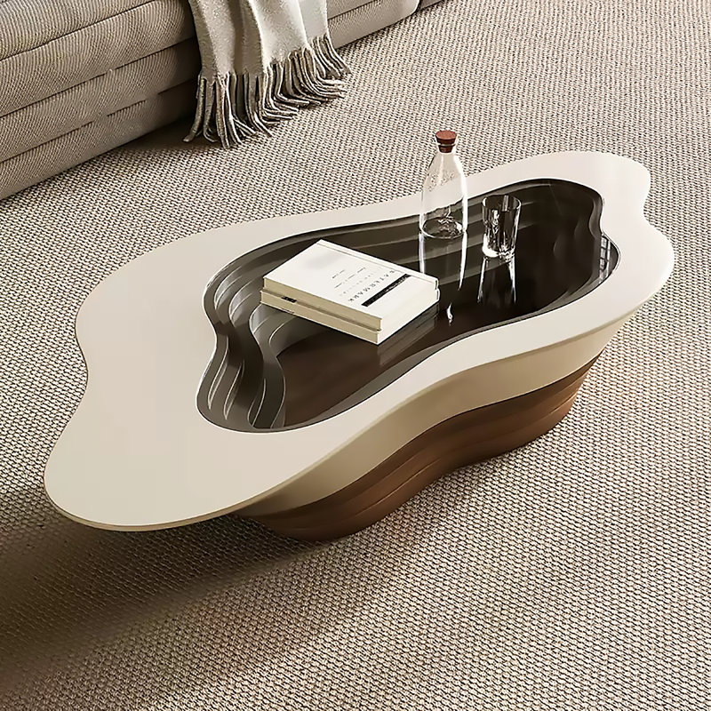 Table basse de forme crème tourbillon irrégulière avec verre trempé
