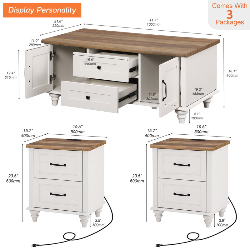 3 - Piece Living Room Table Set, Brown/White