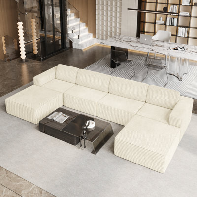 Modular Corduroy 404cm 4-seater Sofa With 2 Ottomans, No Assembly Required, With High Rebound Sponge