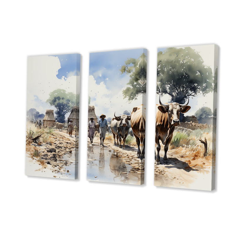 Afrique, camp de bovins Dinka III - art mural tribal africain, Toile tendue, H 28 po x l 36 po