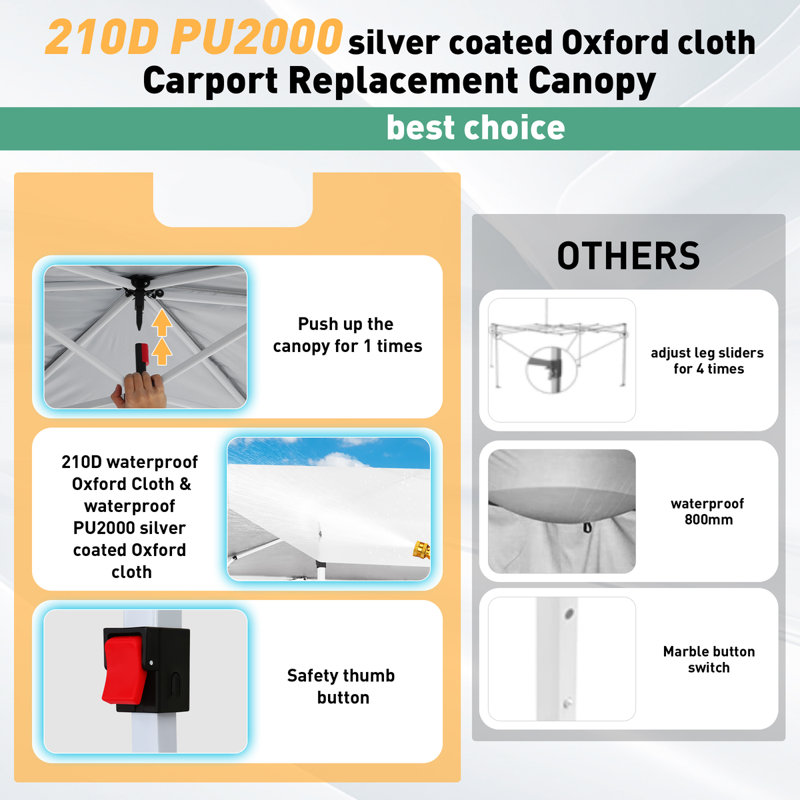 10 x 10 Pop Up Canopy, Carport with One-Button Setup, White