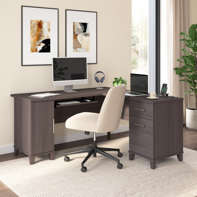 Paelynn 60” L-Shaped Desk with Storage and Drawers, Corner Computer Office Desk, Modern Wood, Storm Gray