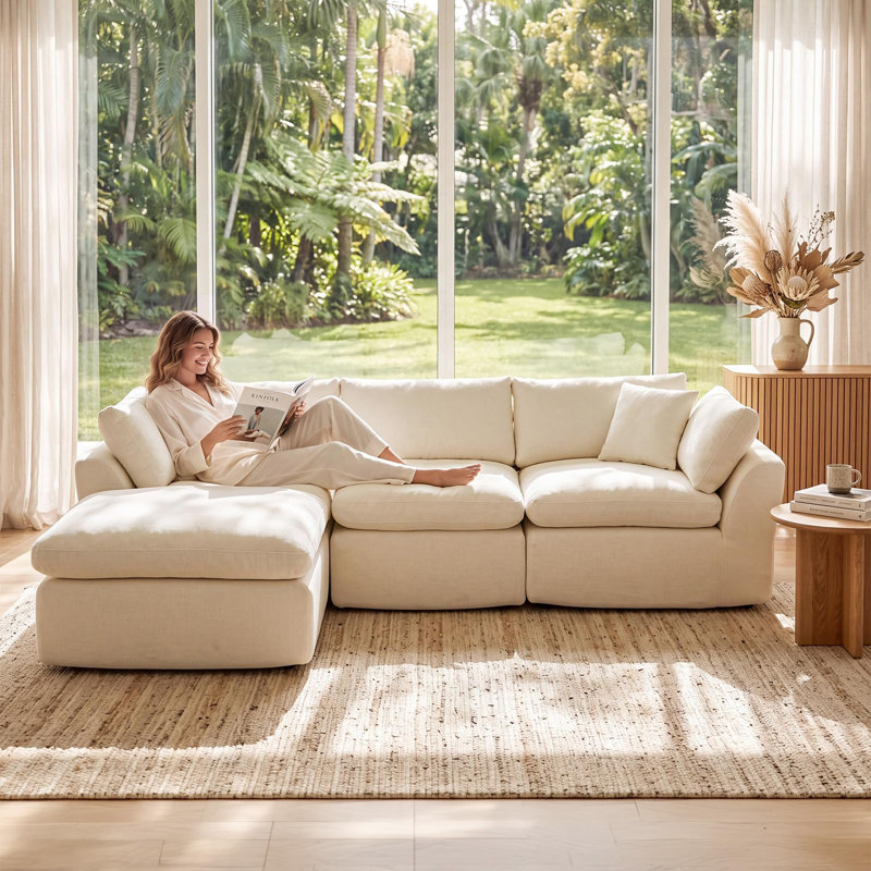 Canapé d'angle modulaire Chenille Cloud avec méridienne et pouf, canapé compressible 3 pièces, sans assemblage, beige