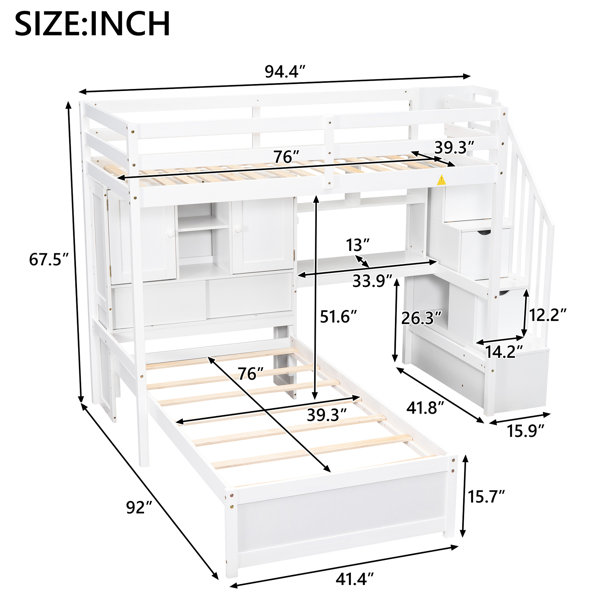 Latitude Run® Twin Over Loft Bed With Desk And Storage Shelves ...
