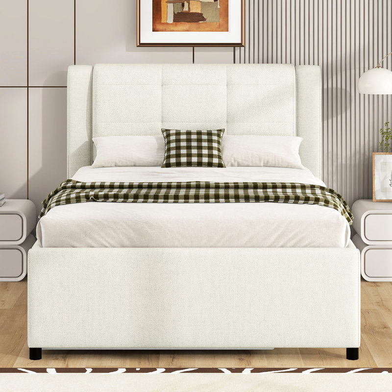Lit plateforme double tapissier double avec gigogne, couleur beige, construction, pin facile à monter et pieds stables