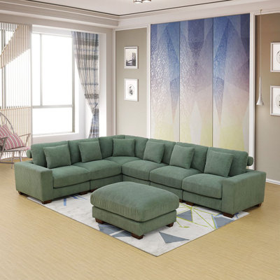 Green Corduroy 7-Piece Living Room Sectional Sofa Set Right Arm Facing