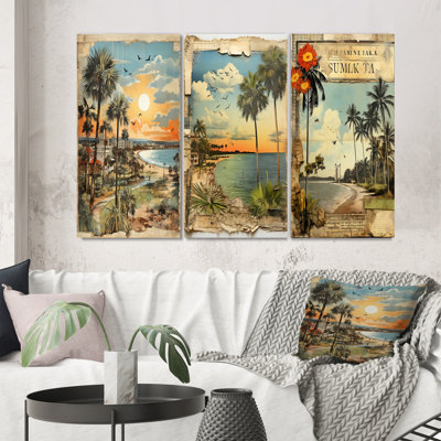 Florida Beach Wall Art, 3-Piece Canvas Set - Vintage Florida Collage Palm Trees And Beach I