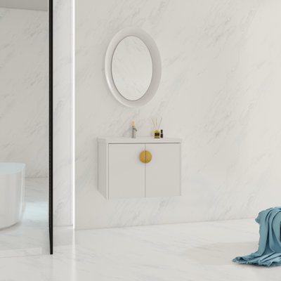 Bathroom Vanity With 28 Inch Sink. Wall Mounted, Glossy White 2-Door Cabinet For Small Bathrooms. Includes Special Ceramic Basin And Metal Handles. Mounted Offers Gorgeous