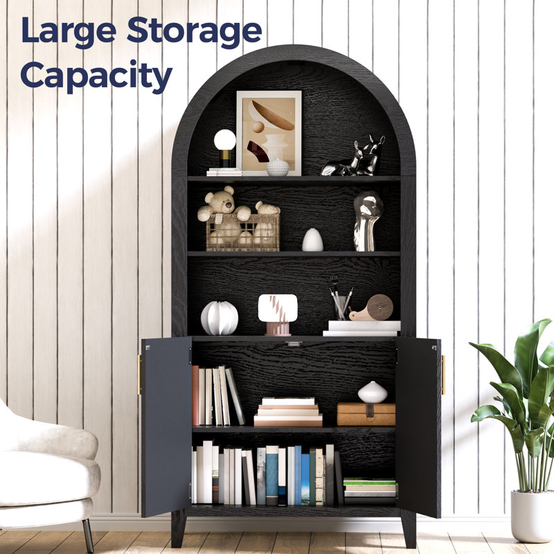 Modern Arched Bookcase Cabinet With Adjustable Shelves And Hidden Storage, Freestanding Display Cabinet With Doors For Living Room, Kitchen Or Home Office