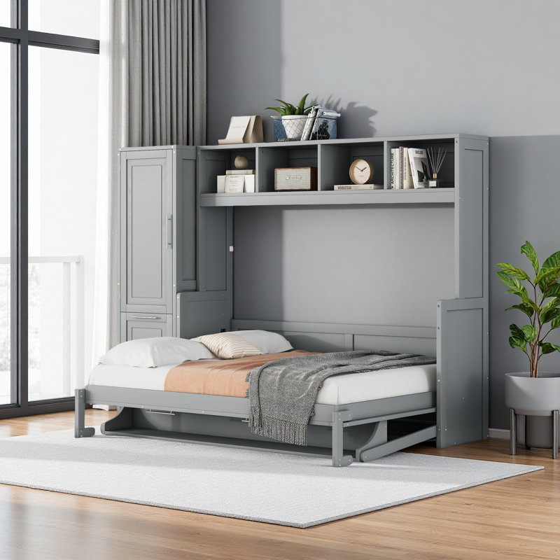 Lit escamotable double avec placard et tiroirs, Gris