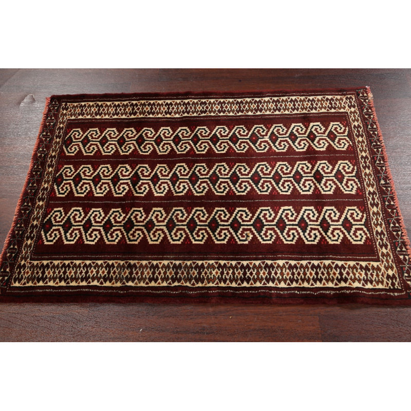 Tapis rouge en laine noué à la main de conception unique 2 pi 7 po x 3 pi 9 po One Age of a Kind Kinder