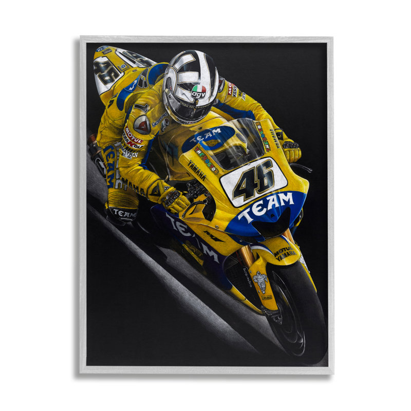 «Moto Racer Yellow Blue Uniform Street Sport» par Todd Strothers - impression d'art graphique, H 14 po x l 11 po x P 1,5 po