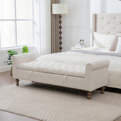 Wide Modern Upholstered Storage Bench with Double Lids, Napped Fabric Footstool, Rolled Armrest, Rubberwood Legs for Living Room, Entryway, Dormitory, Bedroom
