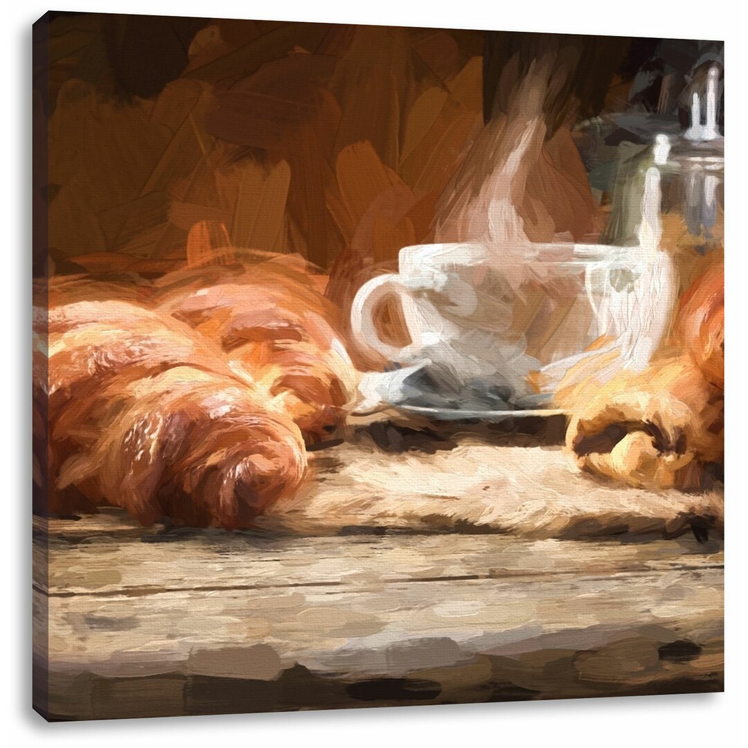 Leinwandbild Leckere Tasse Kaffee mit frischen Croissants