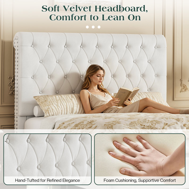 Velvet Ottoman Storage Bed With Button-Tufted Scroll Headboard, Kingsize (5'), White